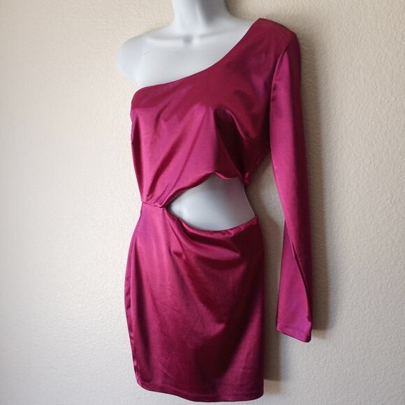 Lulus Shot Caller Satin One-Shoulder Barbie Pink  Long Sleeve Cutout Dress - Picture 4 of 11